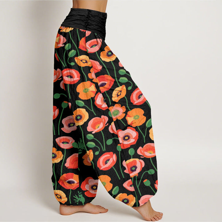 Pantaloni harem da donna con elastico in vita e motivo a fiori rossi e arancioni con Buddha Stones - image 3