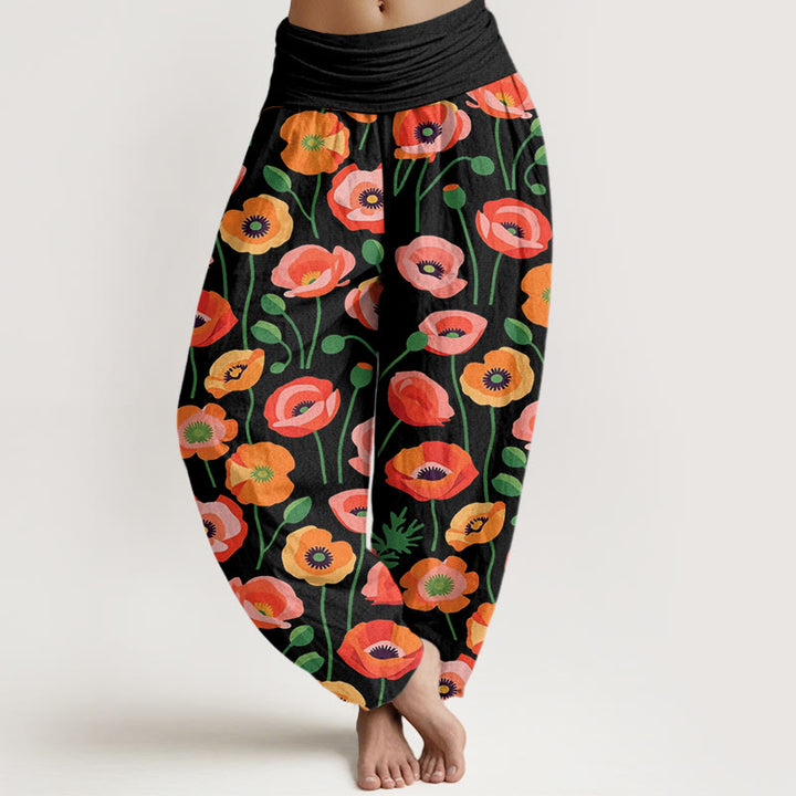 Pantaloni harem da donna con elastico in vita e motivo a fiori rossi e arancioni con Buddha Stones - Nero - US22, UK/AU26, EU54 (6XL) - image 1