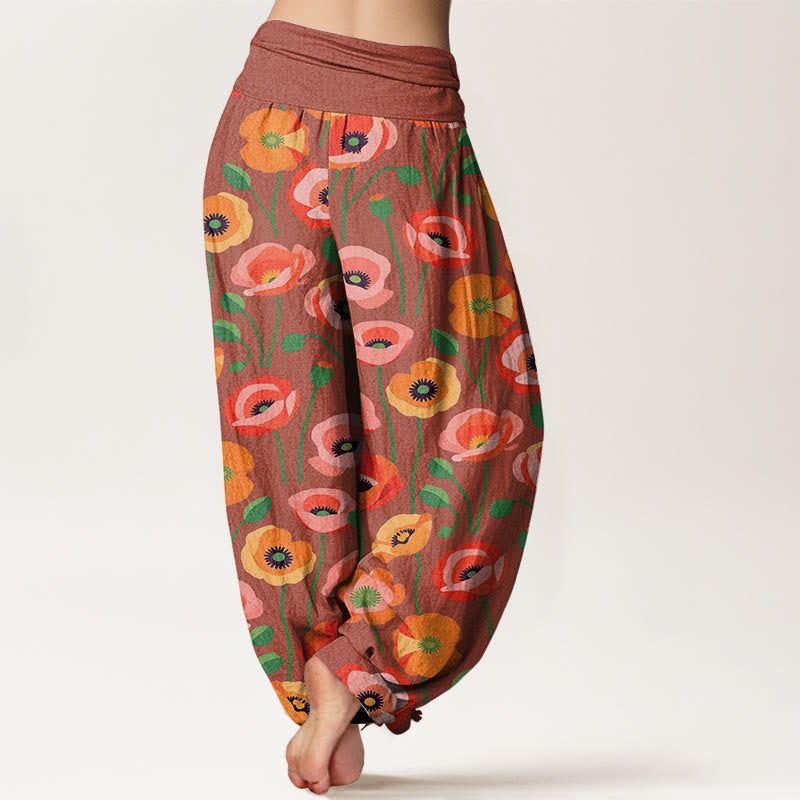 Pantaloni harem da donna con elastico in vita e motivo a fiori rossi e arancioni con Buddha Stones - image 6