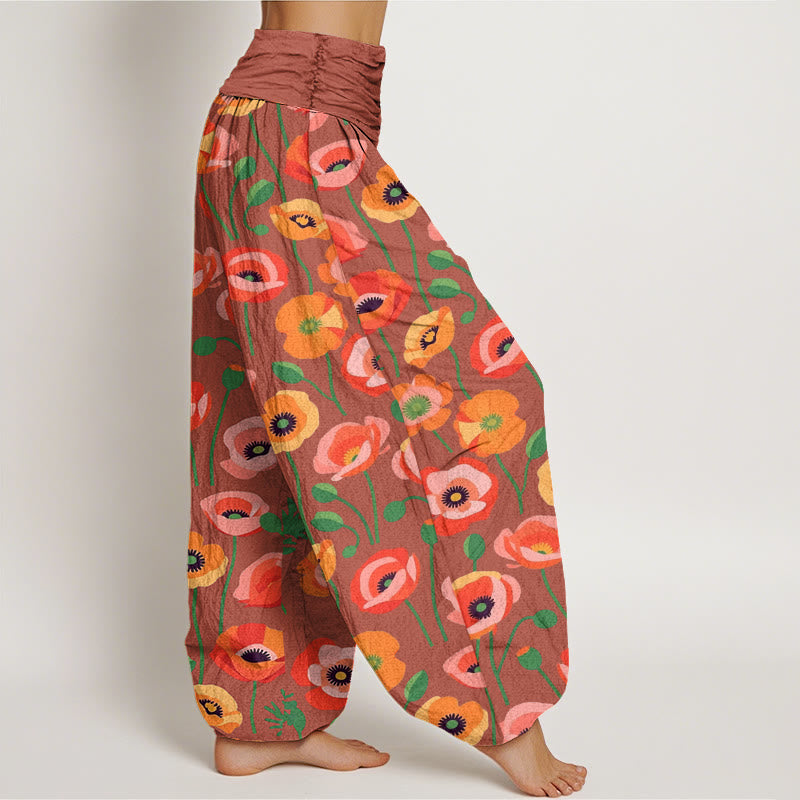 Pantaloni harem da donna con elastico in vita e motivo a fiori rossi e arancioni con Buddha Stones - image 7