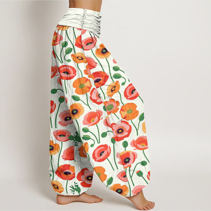 Pantaloni harem da donna con elastico in vita e motivo a fiori rossi e arancioni con Buddha Stones - image 10