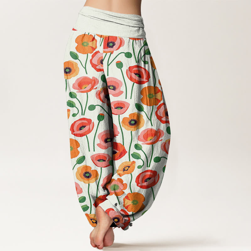 Pantaloni harem da donna con elastico in vita e motivo a fiori rossi e arancioni con Buddha Stones - image 9