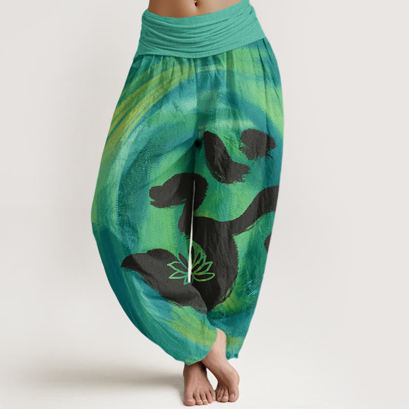 Pantaloni harem da donna con elastico in vita, motivo a fiori di loto e Buddha Stones - VerdeMare Chiaro - US22, UK/AU26, EU54 (6XL) - image 1