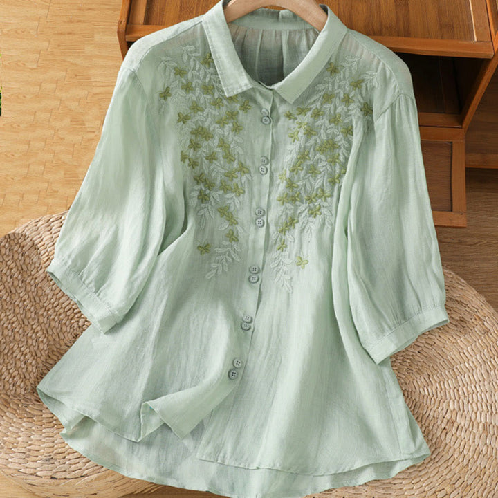 Camicia da donna a mezza manica in cotone con bottoni e ricamo a foglie Buddha Stones