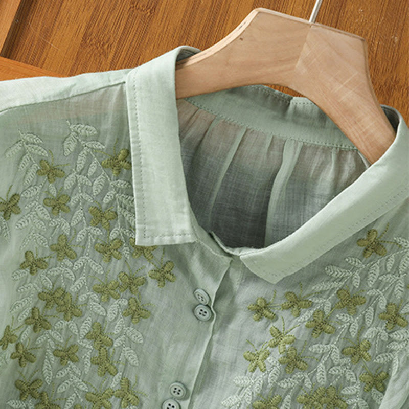 Camicia da donna a mezza manica in cotone con bottoni e ricamo a foglie Buddha Stones