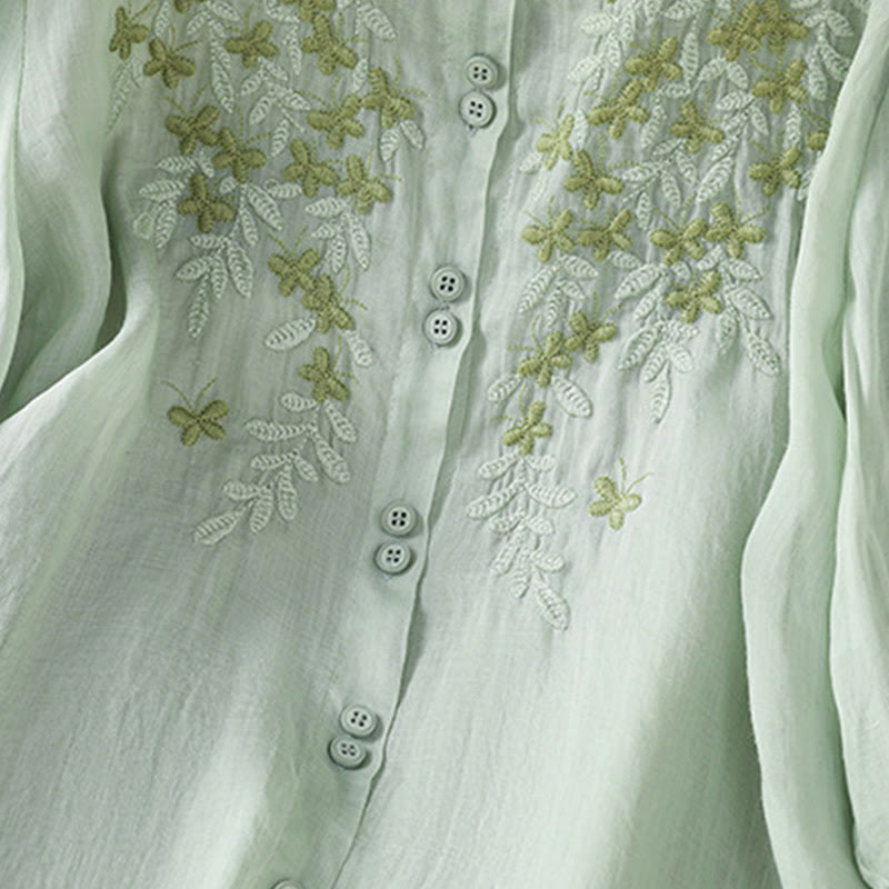 Camicia da donna a mezza manica in cotone con bottoni e ricamo a foglie Buddha Stones