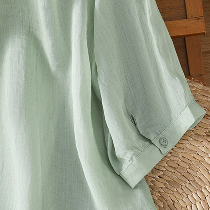 Camicia da donna a mezza manica in cotone con bottoni e ricamo a foglie Buddha Stones