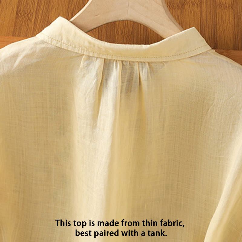 Camicia da donna a mezza manica in cotone con bottoni e ricamo a foglie Buddha Stones