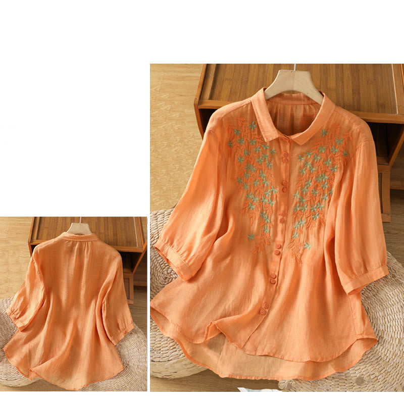 Camicia da donna a mezza manica in cotone con bottoni e ricamo a foglie Buddha Stones