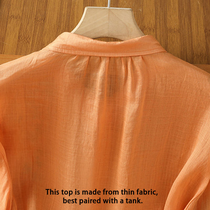 Camicia da donna a mezza manica in cotone con bottoni e ricamo a foglie Buddha Stones