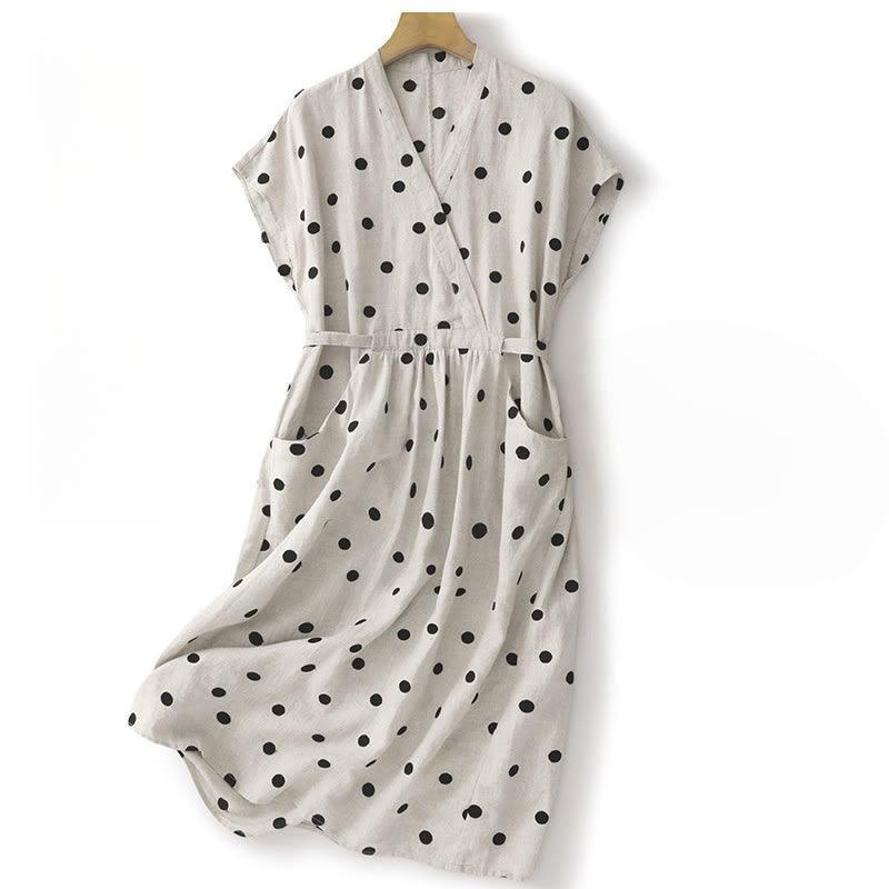 Abito midi da donna in cotone e lino con tasche, scollo a V Buddha Stones