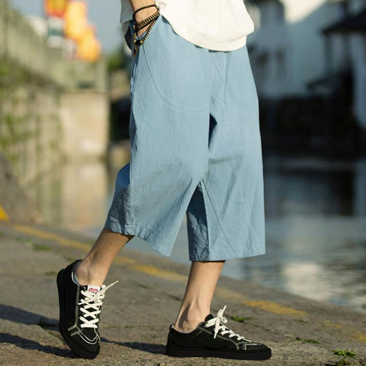 Pantaloni da uomo in lino e cotone con tasche, lunghezza 7-8, modello Buddha Stones, modello estivo con pieghe semplici e coulisse - Blu profondo - US/UK/AU46, EU56 (5XL) - image 30