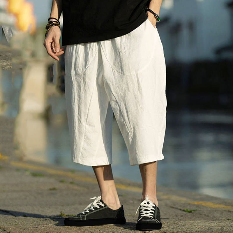 Pantaloni da uomo in lino e cotone con tasche, lunghezza 7-8, modello Buddha Stones, modello estivo con pieghe semplici e coulisse - Bianco - US/UK/AU46, EU56 (5XL) - image 26