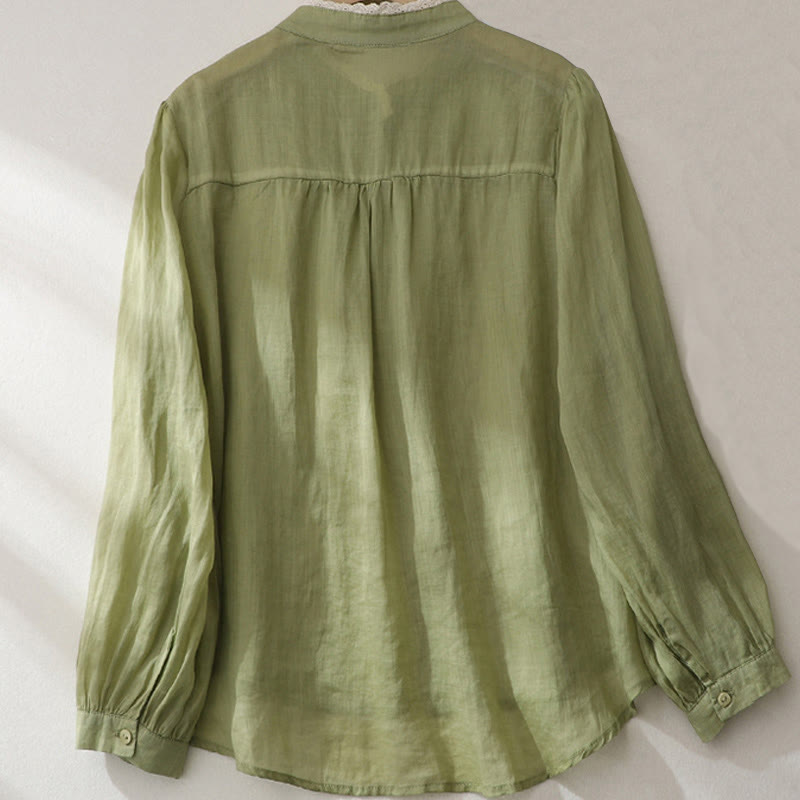 Camicia da donna in cotone e lino con maniche lunghe a lanterna e pizzo color puro Buddha Stones - image 2