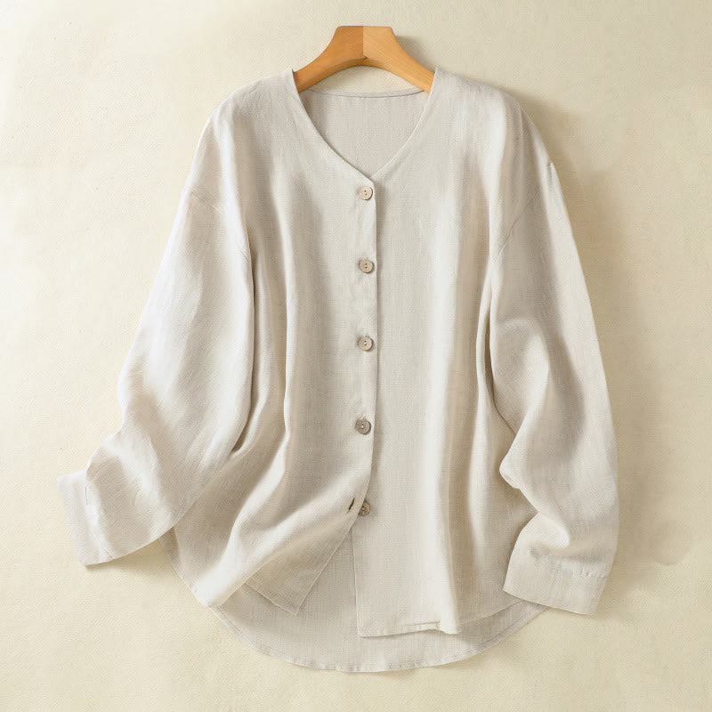 Camicia da donna in cotone e lino con scollo a V, maniche lunghe, motivo Buddha Stones Spring, bottoni semplici - Biancheria - US14, UK/AU18, EU46 (2XL) - image 1