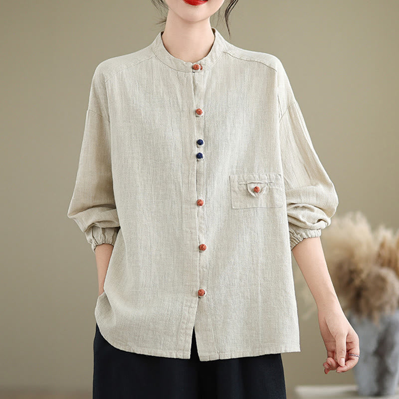 Camicia da donna in cotone e lino a maniche lunghe con bottoni colorati Buddha Stones - image 2