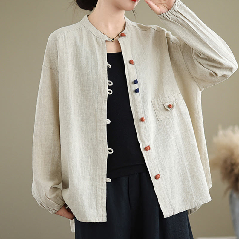 Camicia da donna in cotone e lino a maniche lunghe con bottoni colorati Buddha Stones - Beige - US14, UK/AU18, EU46 (2XL) - image 1