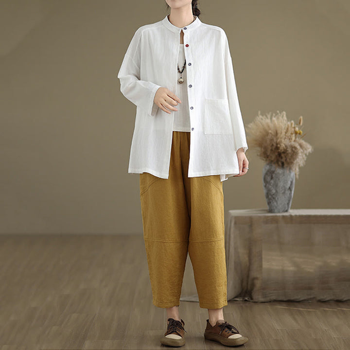 Camicia da donna in cotone e lino a maniche lunghe Buddha Stones Commute Pure Color con tasca - image 16