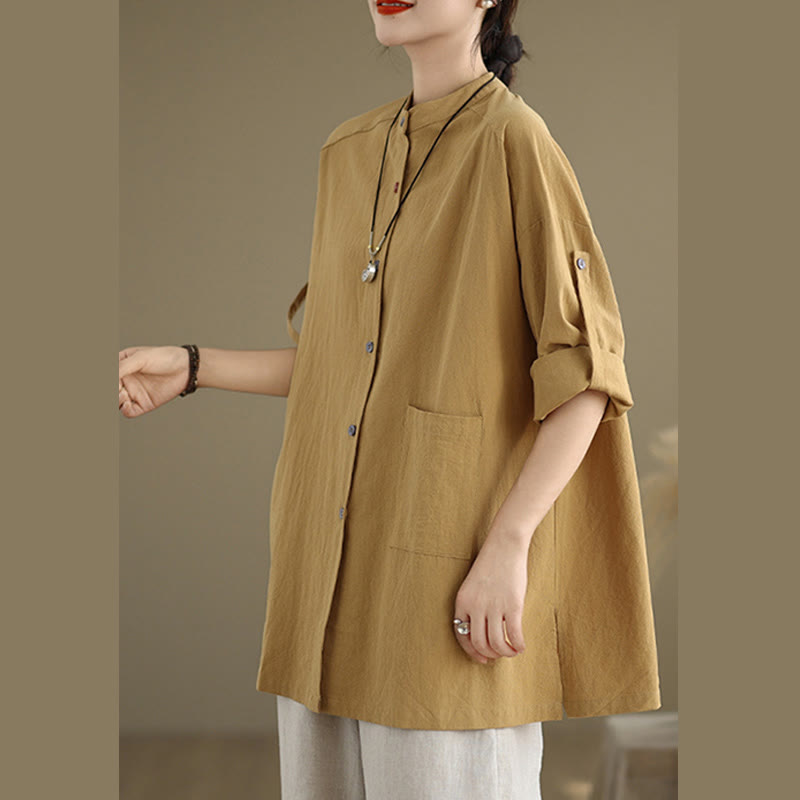 Camicia da donna in cotone e lino a maniche lunghe Buddha Stones Commute Pure Color con tasca - image 2