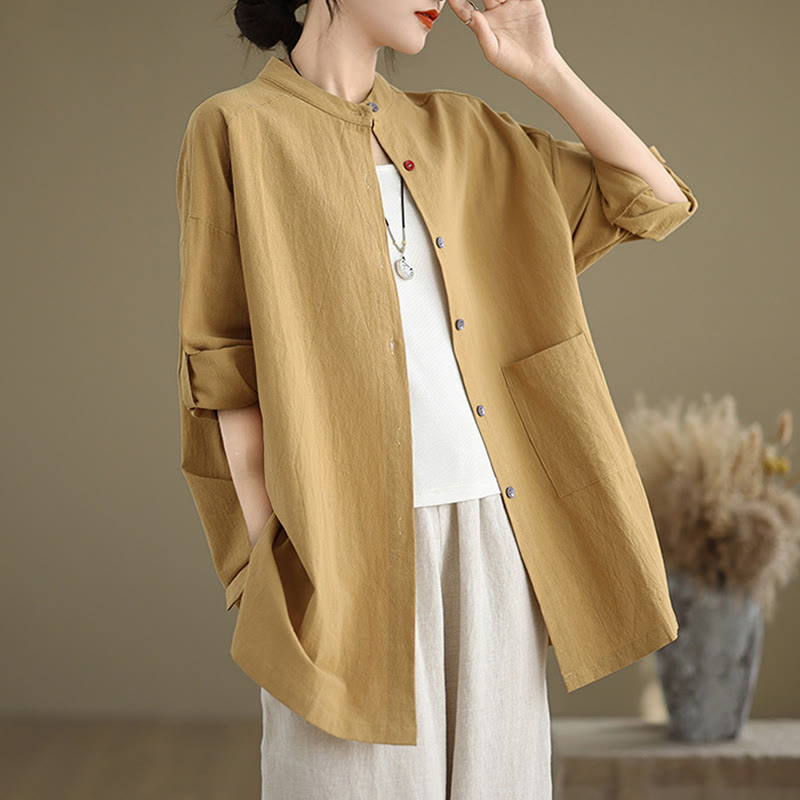 Camicia da donna in cotone e lino a maniche lunghe Buddha Stones Commute Pure Color con tasca - Verga d'oro - US14, UK/AU18, EU46 (2XL) - image 1