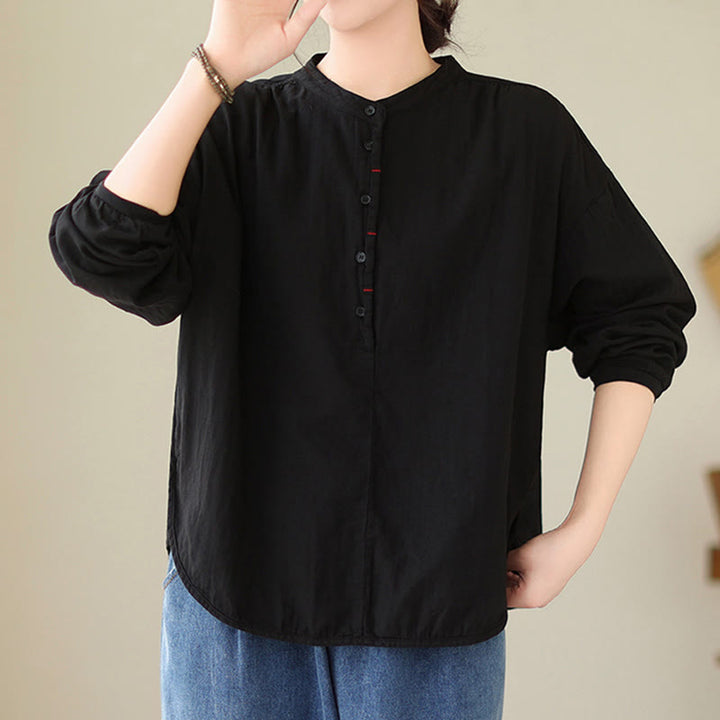 Camicia da donna in cotone e lino a maniche lunghe, modello Buddha Stones Commute Spring, semplice, con bottoni a metà lunghezza - image 3