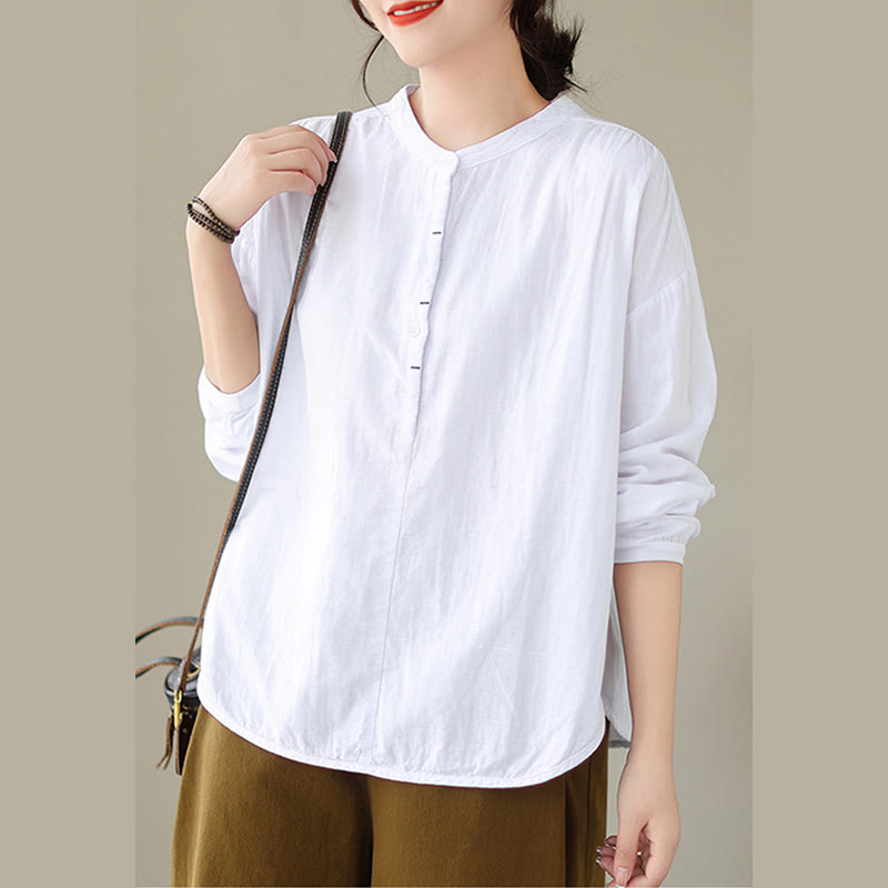 Camicia da donna in cotone e lino a maniche lunghe, modello Buddha Stones Commute Spring, semplice, con bottoni a metà lunghezza - image 10