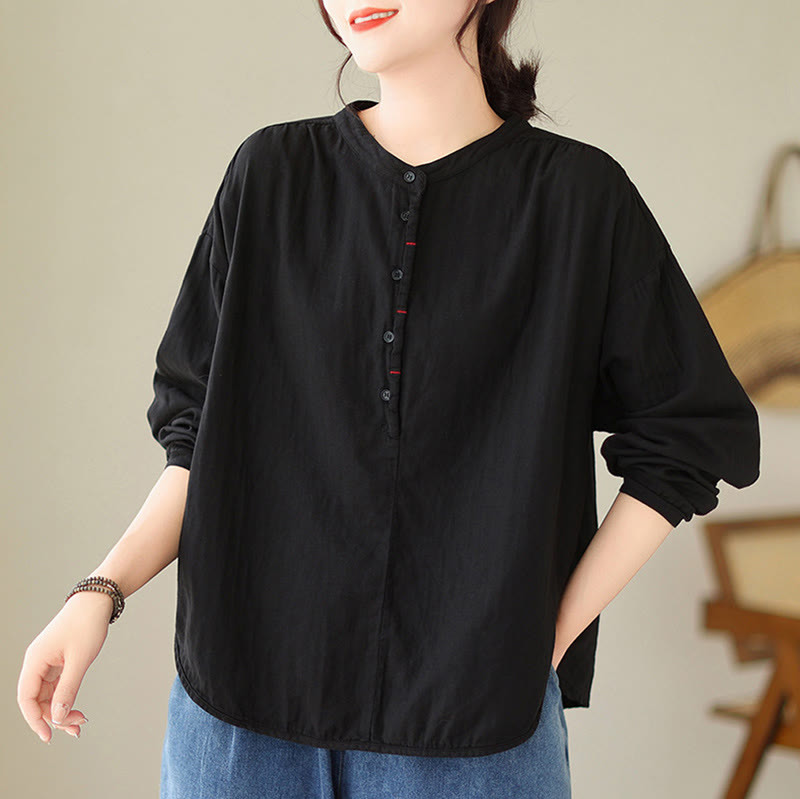 Camicia da donna in cotone e lino a maniche lunghe, modello Buddha Stones Commute Spring, semplice, con bottoni a metà lunghezza - Nero - US12, UK/AU16, EU44 (2XL) - image 1