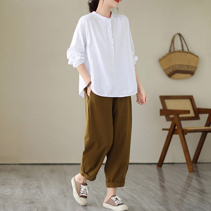 Camicia da donna in cotone e lino a maniche lunghe, modello Buddha Stones Commute Spring, semplice, con bottoni a metà lunghezza - image 11