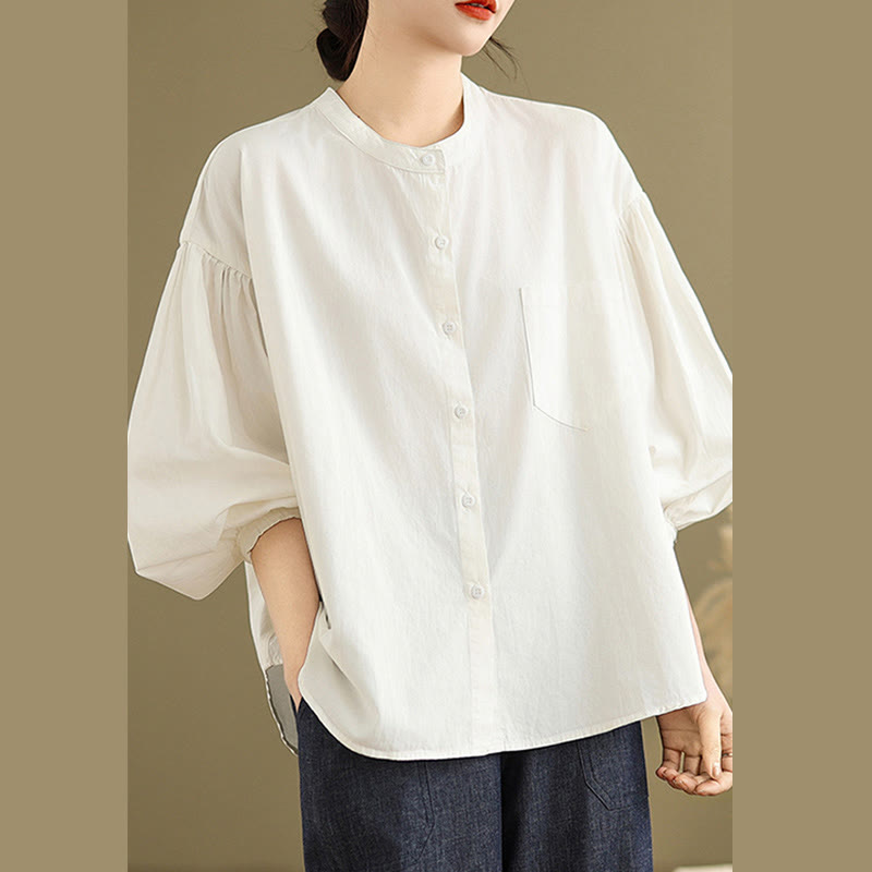 Camicia da donna in cotone e lino a maniche lunghe con design a pieghe a fisarmonica e bottoni mezzi Buddha Stones Commute - image 23