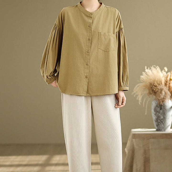 Camicia da donna in cotone e lino a maniche lunghe con design a pieghe a fisarmonica e bottoni mezzi Buddha Stones Commute - image 7