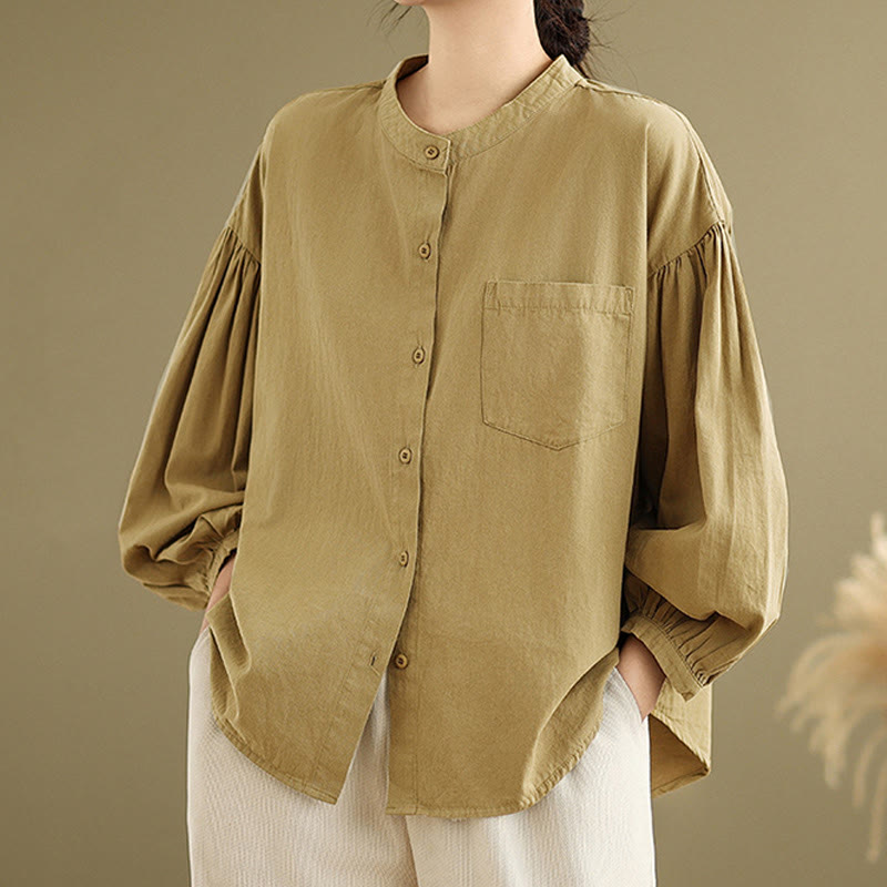 Camicia da donna in cotone e lino a maniche lunghe con design a pieghe a fisarmonica e bottoni mezzi Buddha Stones Commute - DarkGoldenrod - US8-10, UK/AU12-14, EU40-42 (2XL) - image 1