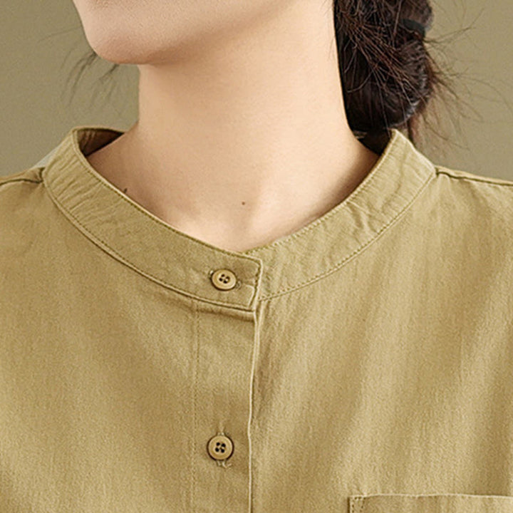 Camicia da donna in cotone e lino a maniche lunghe con design a pieghe a fisarmonica e bottoni mezzi Buddha Stones Commute - image 8