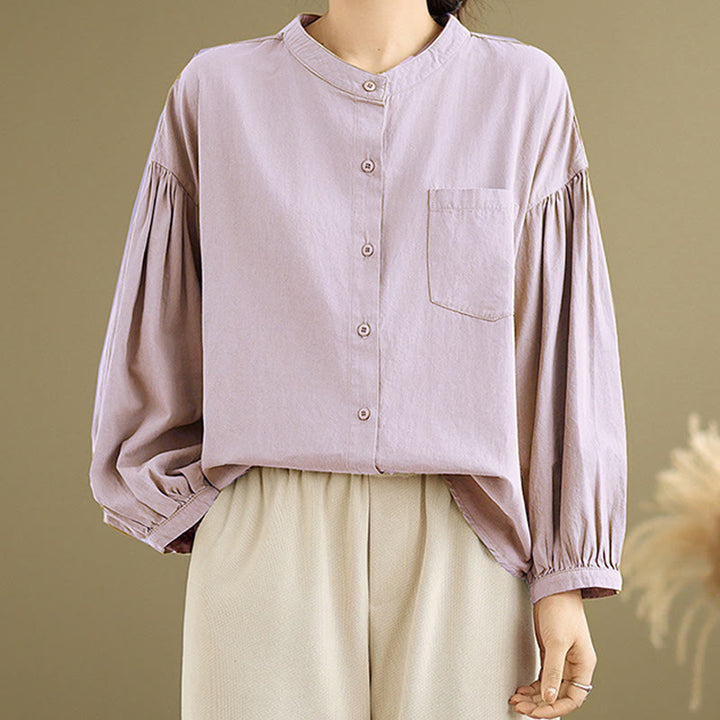 Camicia da donna in cotone e lino a maniche lunghe con design a pieghe a fisarmonica e bottoni mezzi Buddha Stones Commute - image 15
