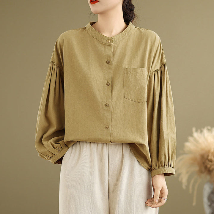 Camicia da donna in cotone e lino a maniche lunghe con design a pieghe a fisarmonica e bottoni mezzi Buddha Stones Commute - image 6