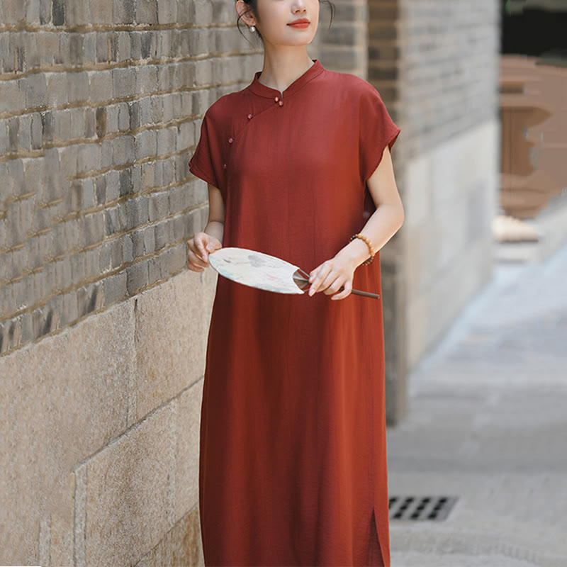 Abito midi in cotone e lino con maniche corte, motivo cheongsam semplice con lacci Buddha Stones - image 9