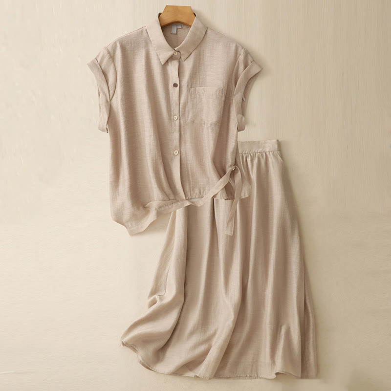 Set da donna in cotone e lino con tasche, 2 pezzi, camicia a maniche corte, gonna lunga 7-8 , Buddha Stones - Grano - US8-10, UK/AU12-14, EU40-42 (2XL) - image 15