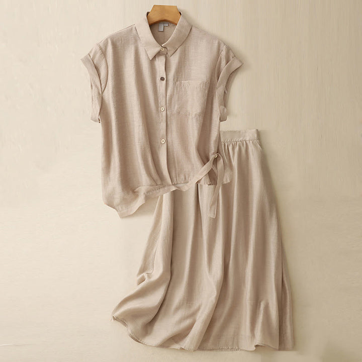 Set da donna in cotone e lino con tasche, 2 pezzi, camicia a maniche corte, gonna lunga 7-8 , Buddha Stones - Grano - US8-10, UK/AU12-14, EU40-42 (2XL) - image 15