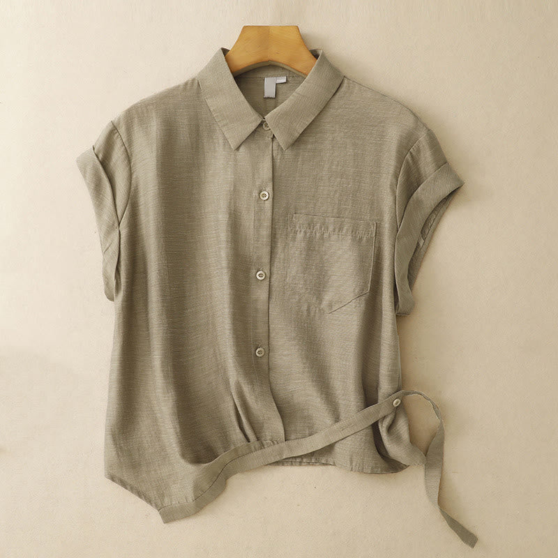 Set da donna in cotone e lino con tasche, 2 pezzi, camicia a maniche corte, gonna lunga 7-8 , Buddha Stones - image 3