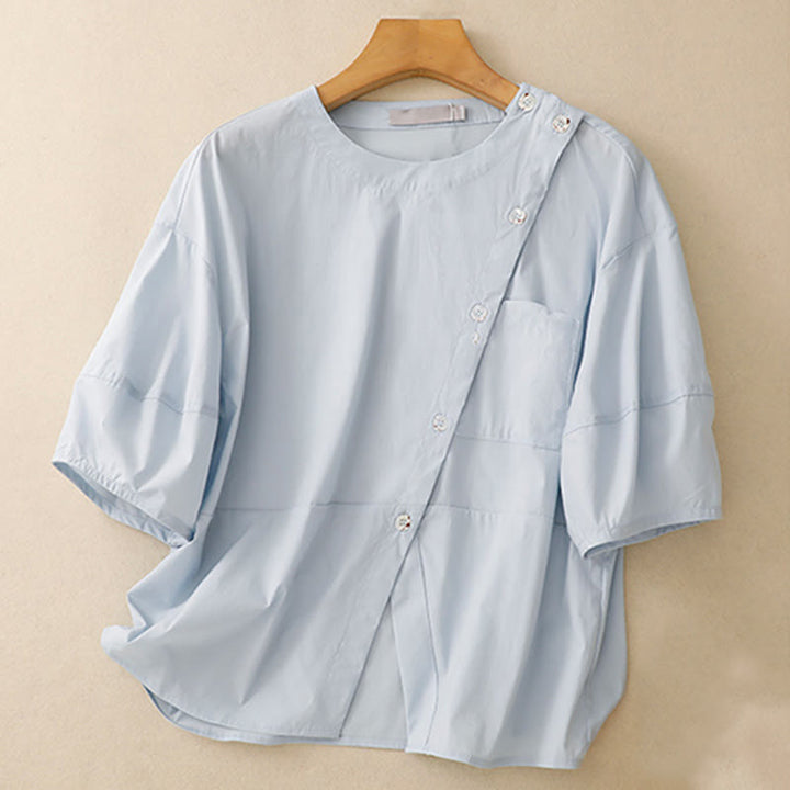 Set da donna in cotone con 2 pezzi di camicia e gonna a mezza manica con bottoni irregolari Buddha Stones - image 3