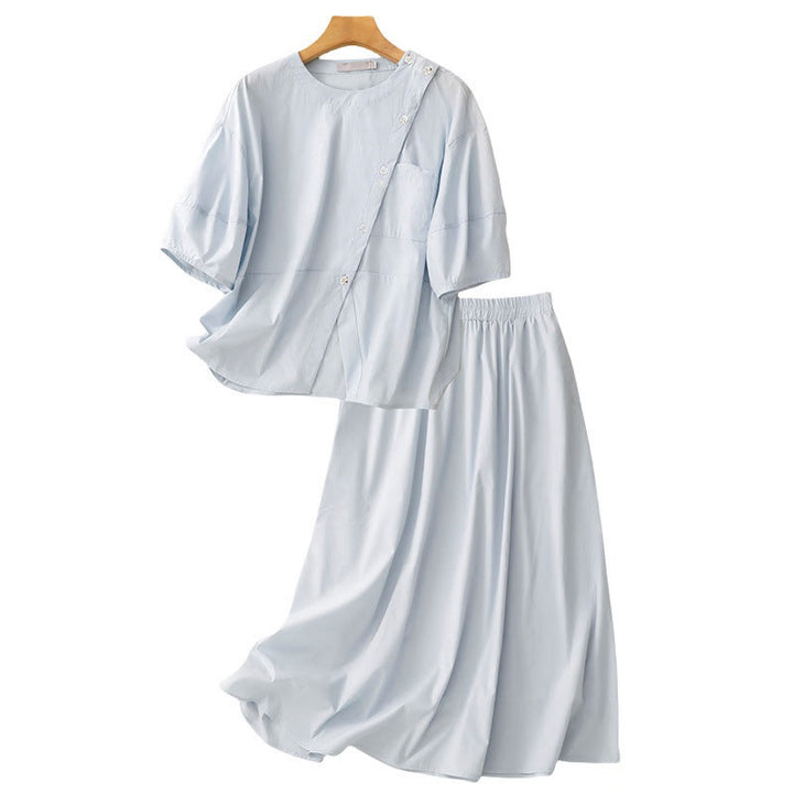 Set da donna in cotone con 2 pezzi di camicia e gonna a mezza manica con bottoni irregolari Buddha Stones - image 14