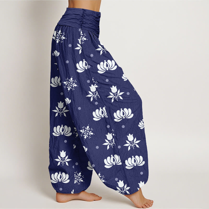 Pantaloni harem da donna con elastico in vita e motivo a piccoli pois, stile casual, motivo Buddha Stones Lotus - image 2