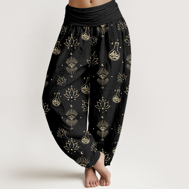 Pantaloni harem da donna con elastico in vita e motivo Buddha Stones, casual, con occhio di loto e Horus - Nero - US22, UK/AU26, EU54 (6XL) - image 1