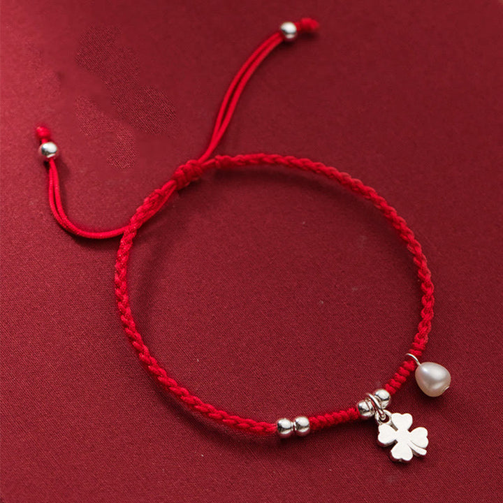Braccialetto retrò in argento sterling 925 con quadrifoglio e perle portafortuna, cordino rosso Buddha Stones - Argento Sterling 925 (circonferenza polso: 15-18 cm) - image 1
