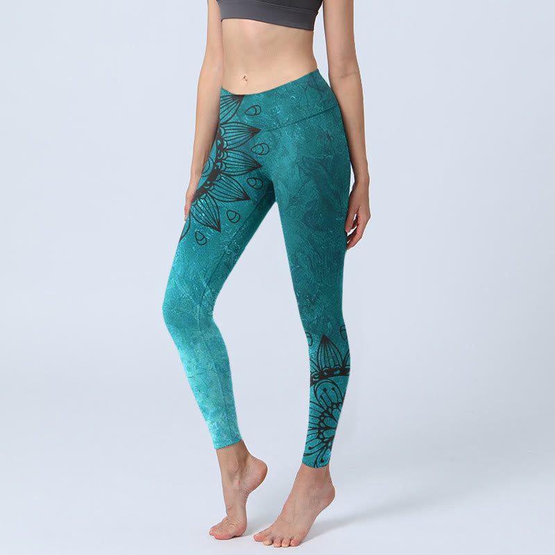 Leggings da palestra con stampa di Buddha Stones Green Sunflowers Blossoms, pantaloni da yoga da donna - CadetBlue - US18, UK/AU22, EU50 (4XL) - image 1