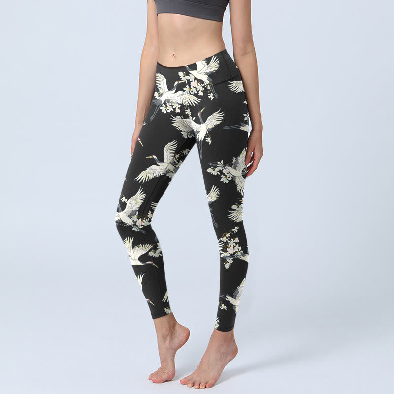 Leggings da palestra con stampa Buddha Stones White Cranes Blossoms, pantaloni da yoga da donna - Nero - US18, UK/AU22, EU50 (4XL) - image 1