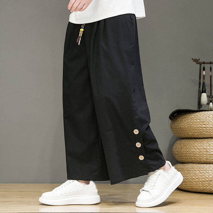Pantaloni da uomo a gamba dritta con tasche, coulisse, bottoni in lino tinta unita con Buddha Stones - Nero - US/UK/AU46, EU56 (5XL) - image 8