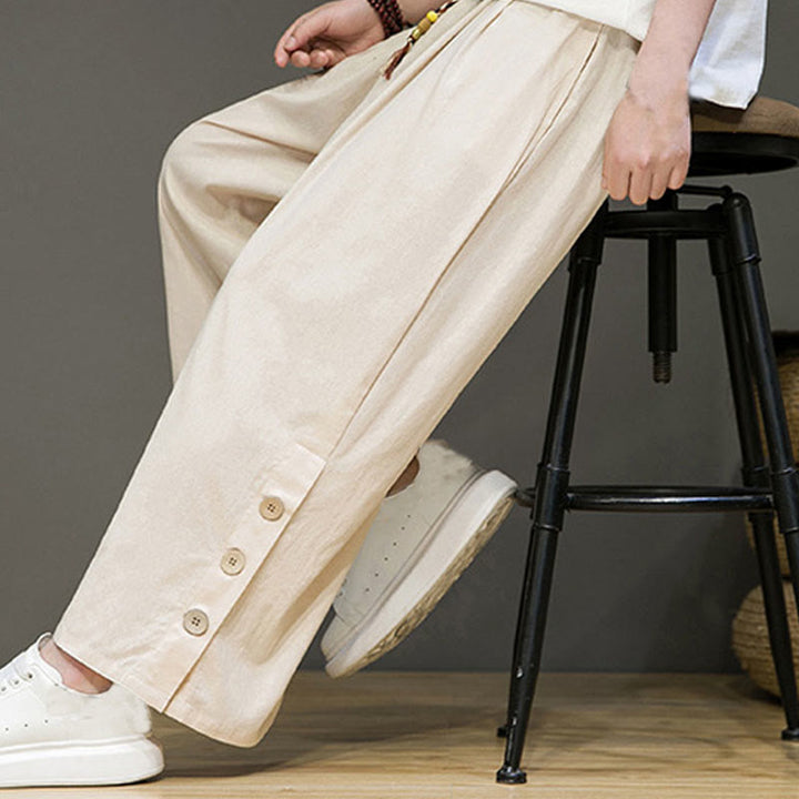 Pantaloni da uomo a gamba dritta con tasche, coulisse, bottoni in lino tinta unita con Buddha Stones - image 7