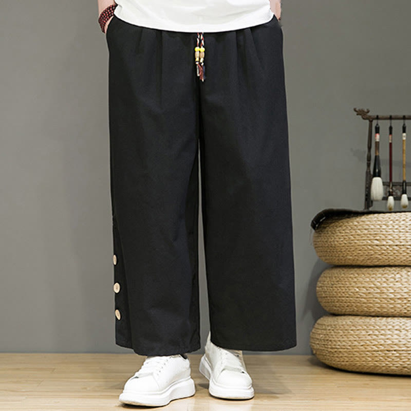 Pantaloni da uomo a gamba dritta con tasche, coulisse, bottoni in lino tinta unita con Buddha Stones - image 12