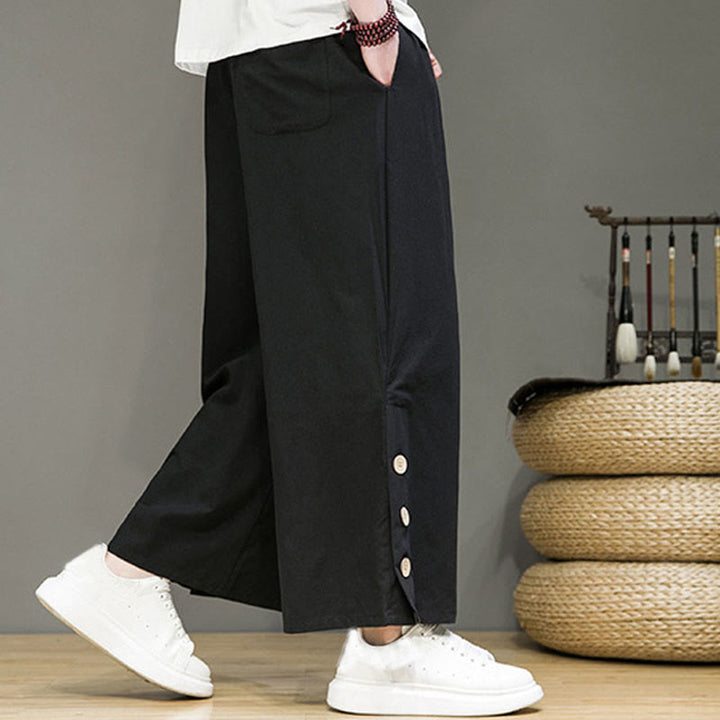 Pantaloni da uomo a gamba dritta con tasche, coulisse, bottoni in lino tinta unita con Buddha Stones - image 10