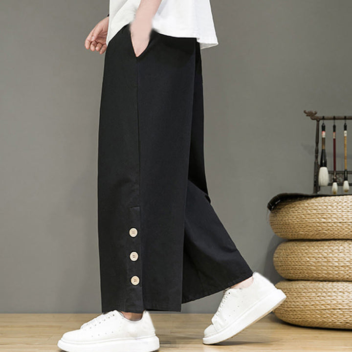 Pantaloni da uomo a gamba dritta con tasche, coulisse, bottoni in lino tinta unita con Buddha Stones - image 9